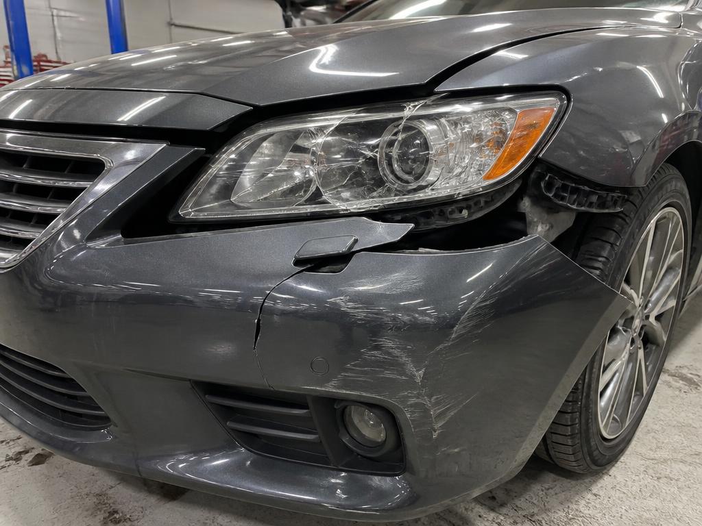 Front bumper with collision damage and a cracked headlamp before repair